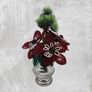 1950s PINDER BROS England Sugar Shaker With Hand Beaded Red Flower Arrangement